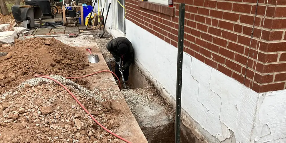 SRBL engineer inspecting foundation repair site with brickwork, concrete, composite materials, plumbing, and drainage systems for safe structural strengthening