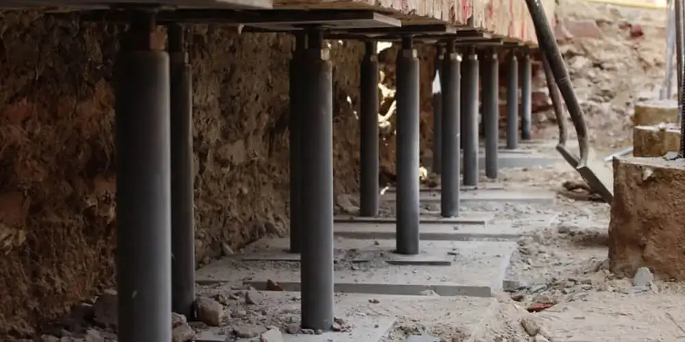 SRBL underpinning service showcasing reinforced concrete columns, hydraulic jacks, and composite building materials for foundation strengthening